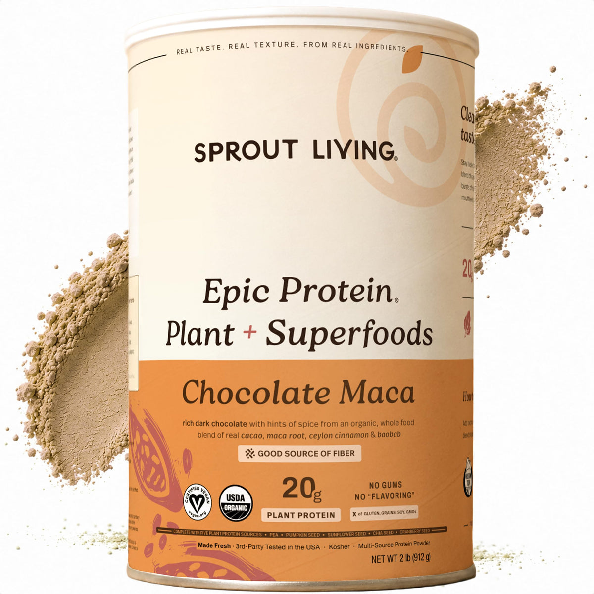 Sprout Living frasco frontal Chocolate Maca, aspecto limpio y confiable