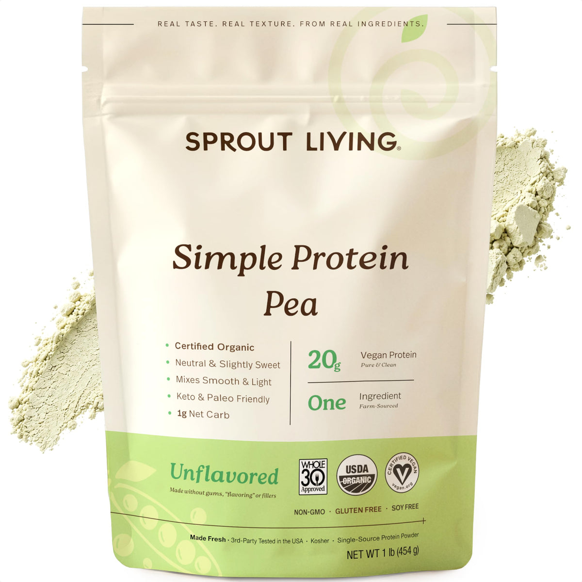 Sprout Living frente del empaque mostrando diseño y porciones