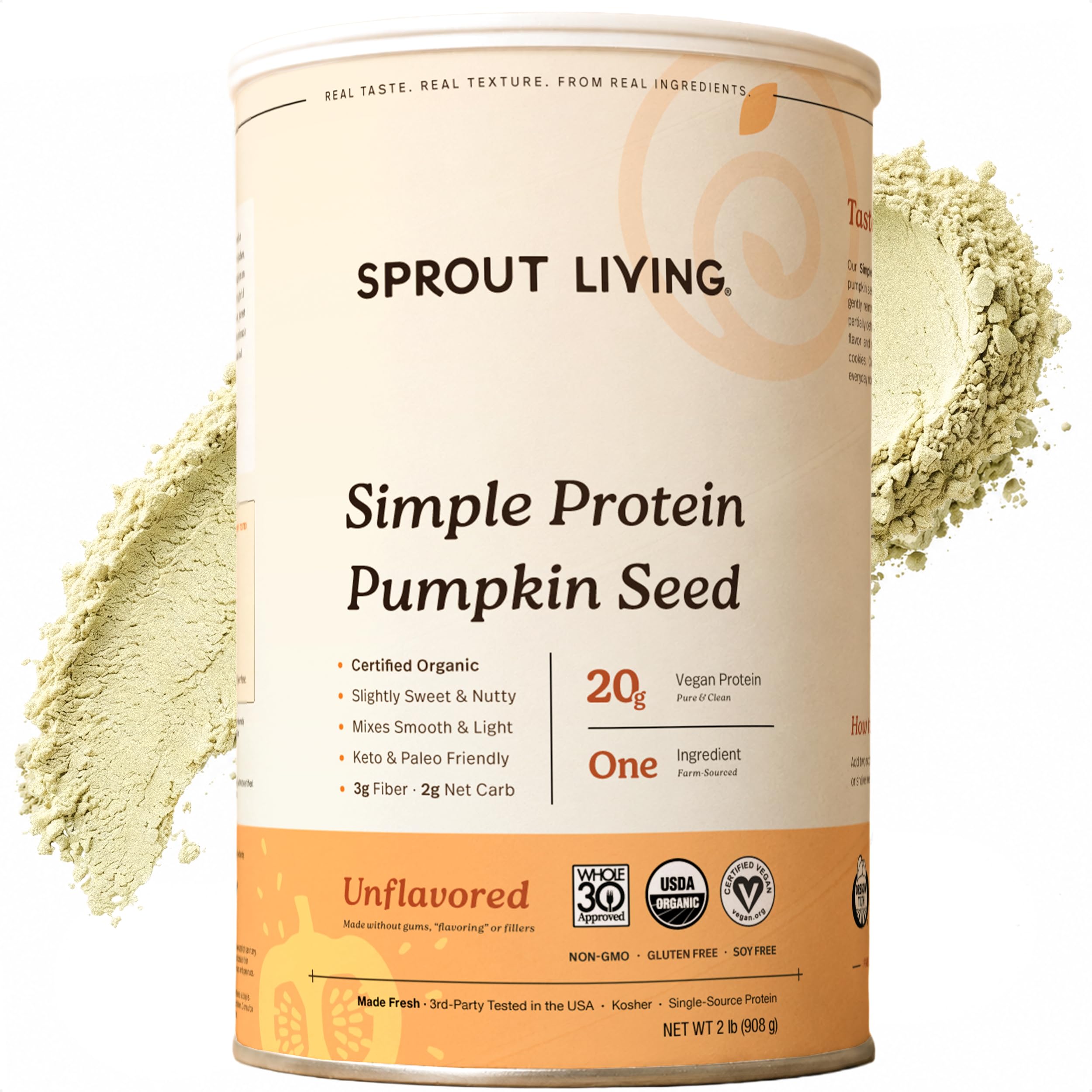 Sprout Living envase frontal mostrando etiqueta limpia y beneficios
