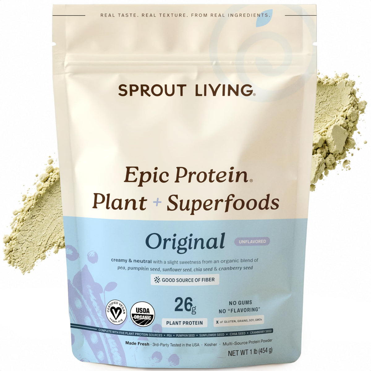Sprout Living frente del envase mostrando diseño y tamaño del producto para elección informada