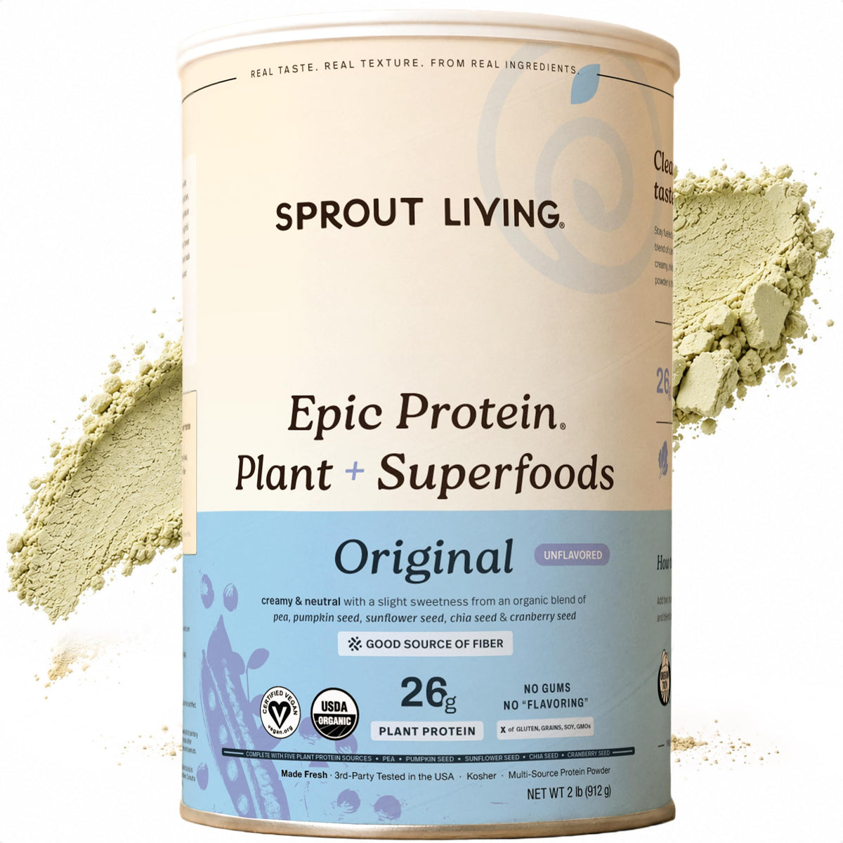 Sprout Living frontal del envase mostrando ingredientes y beneficios