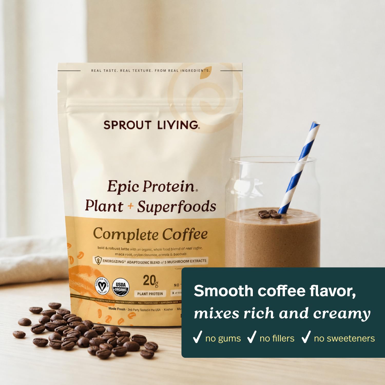 Sprout Living taza con batido proteico, sabor a café latte y recuperación