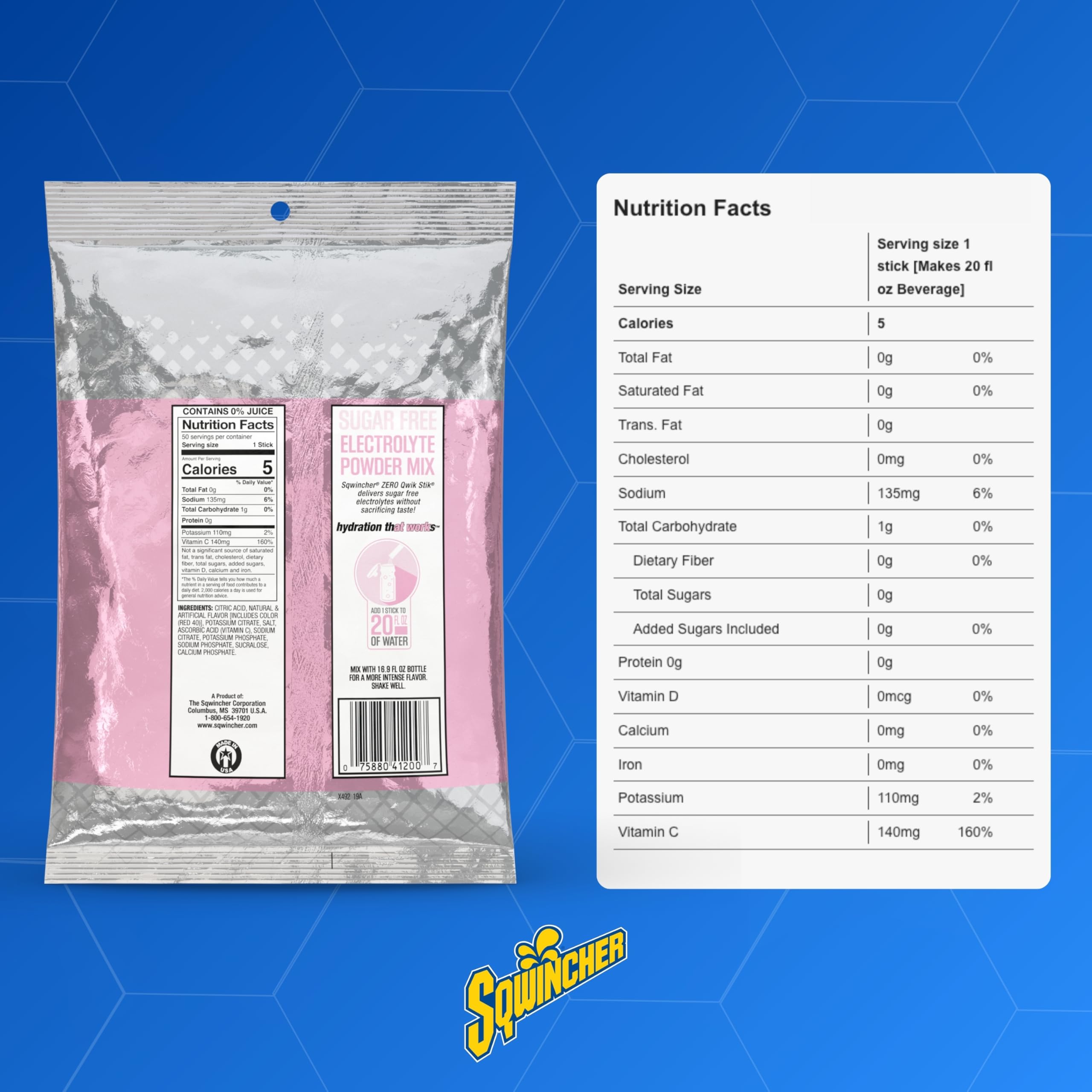 Sqwincher etiqueta y datos nutricionales destacando origen y seguridad