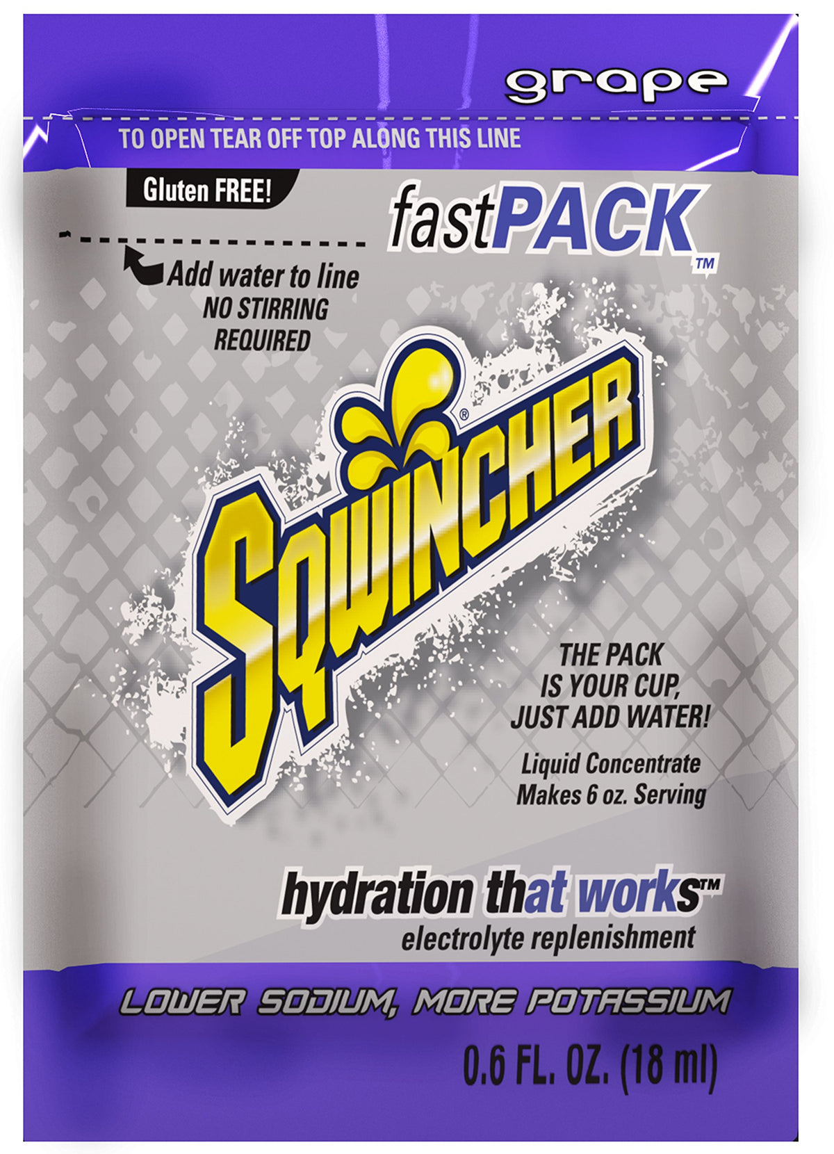 Sqwincher sobre Fast Pack frontal mostrando paquete morado y conveniencia