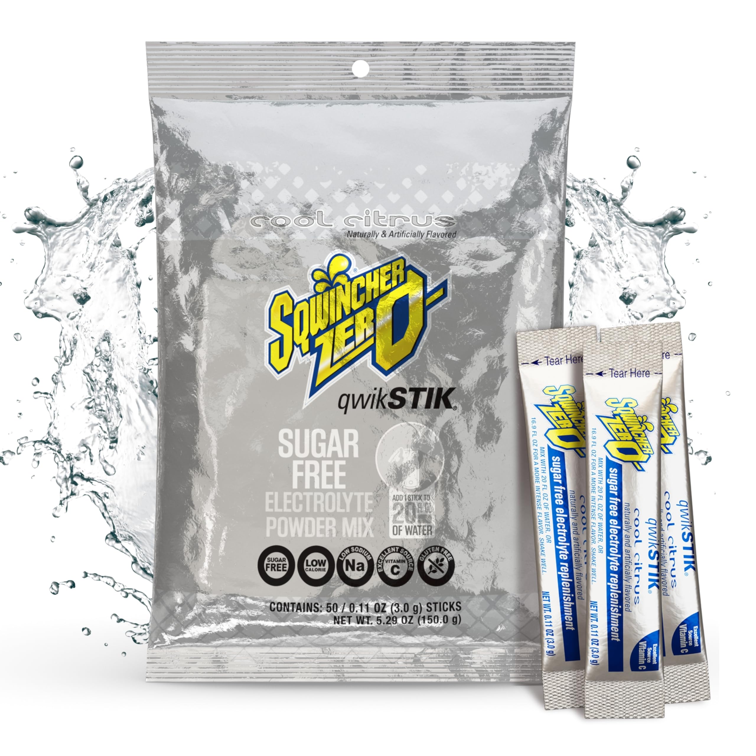 Sqwincher envase frontal mostrando 50 sobres, conveniencia instantánea