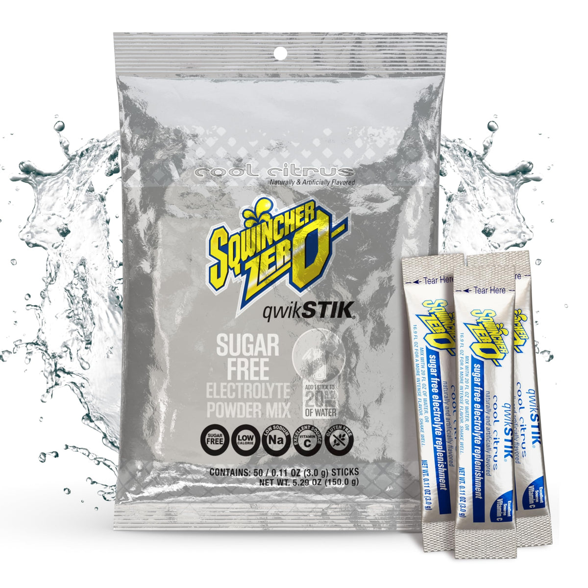 Sqwincher envase frontal mostrando 50 sobres, conveniencia instantánea