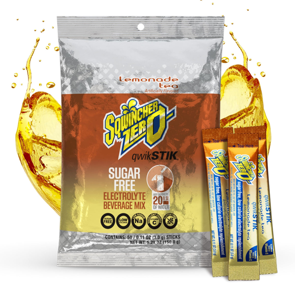Sqwincher paquete frontal Qwik Stik 50 sobres mostrando conveniencia