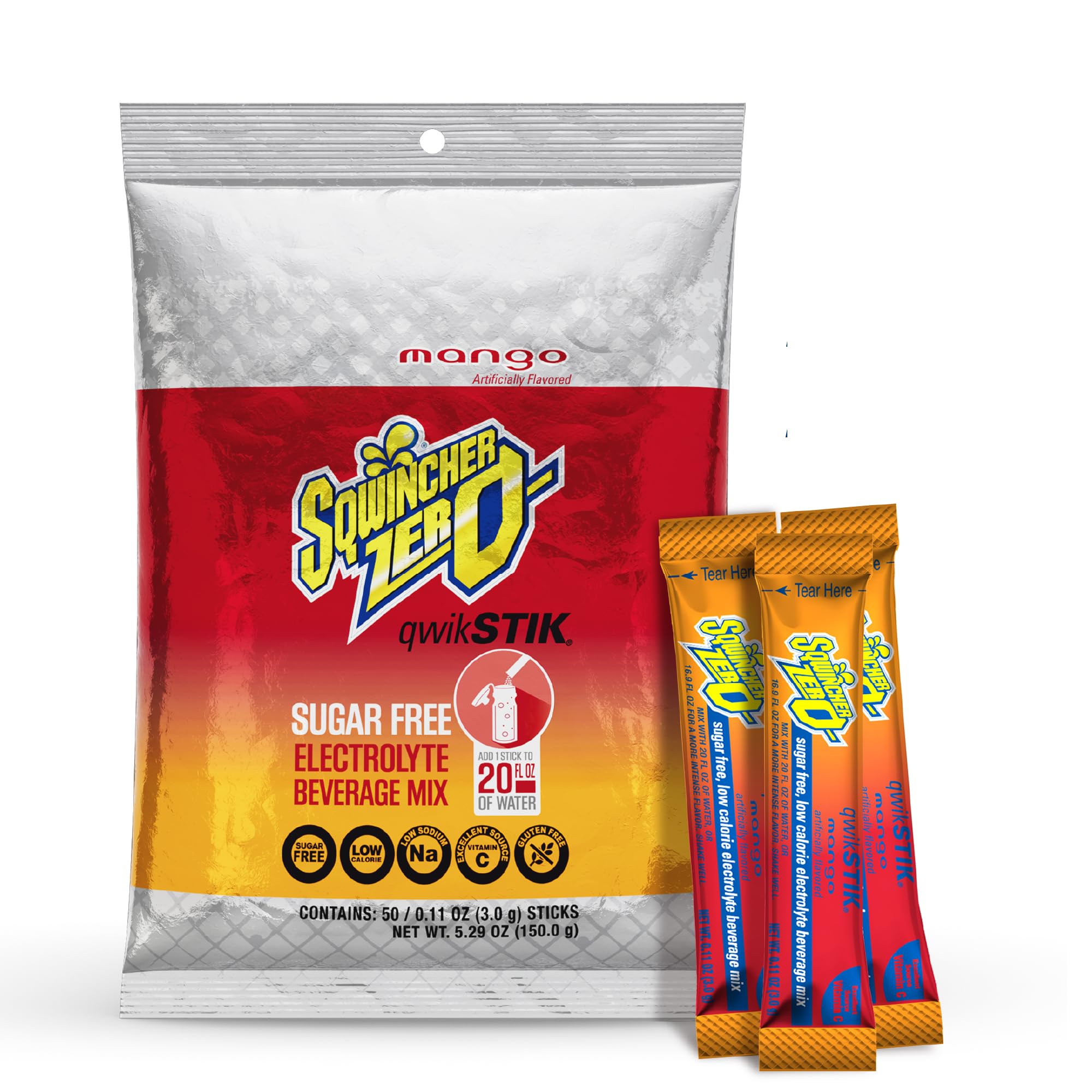 Sqwincher paquete Mango frontal mostrando 50 sticks y portabilidad