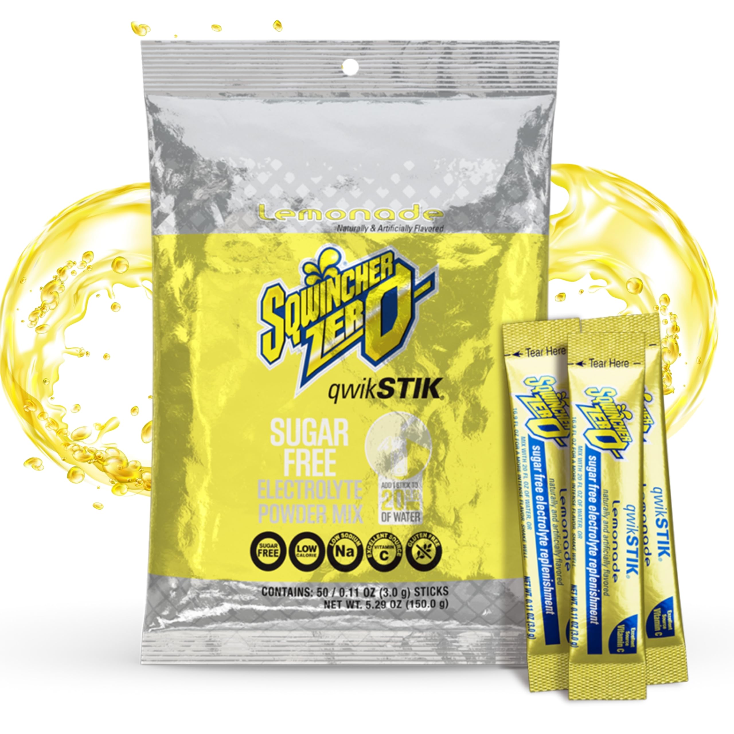 Sqwincher empaque frontal que muestra 50 sobres y ventajas de uso