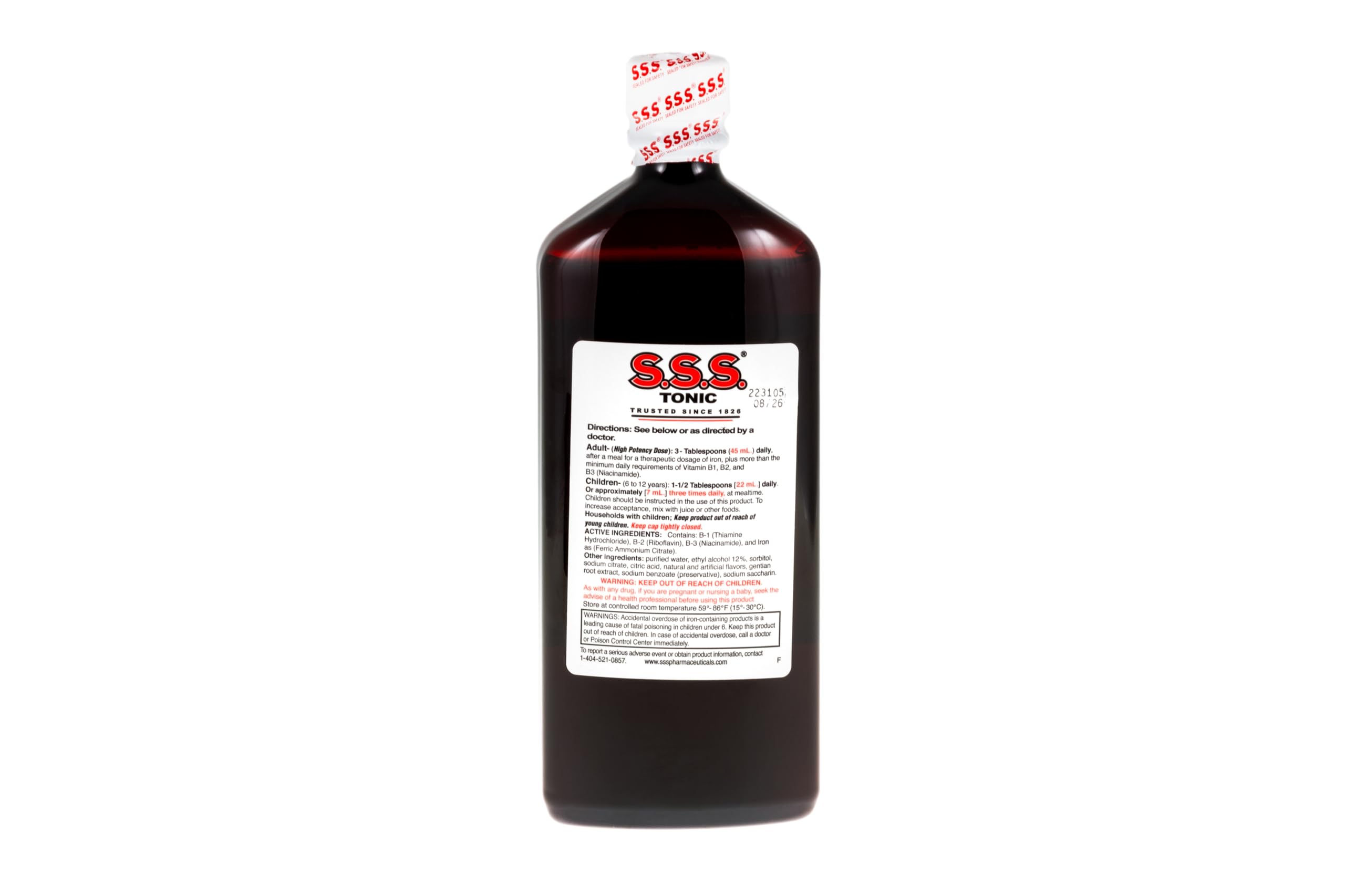 S.S.S. CO. S.S.S. Tonic etiqueta con lista de ingredientes y beneficios claros
