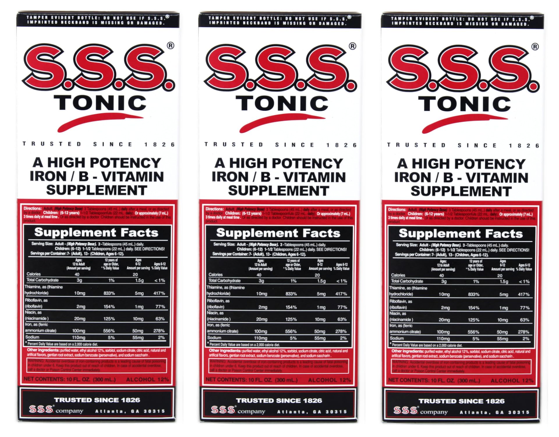 S.S.S. CO. frontal pack de 3 mostrando envases y conveniencia