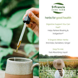 St. Francis Herb Farm textura del extracto líquido en gotero destacando absorción rápida