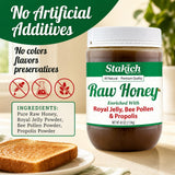 Stakich primer plano de jalea real y polen integrados, aporta pureza natural