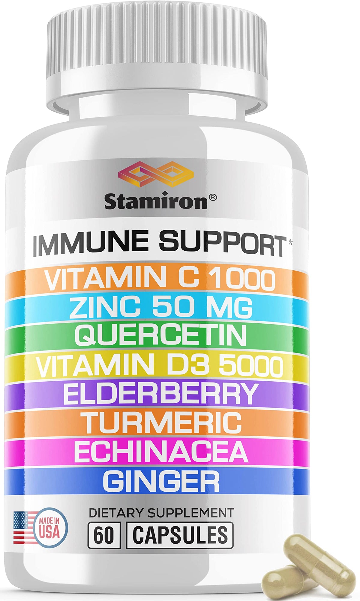 Stamiron frente del empaque mostrando ingredientes principales y beneficio de conveniencia