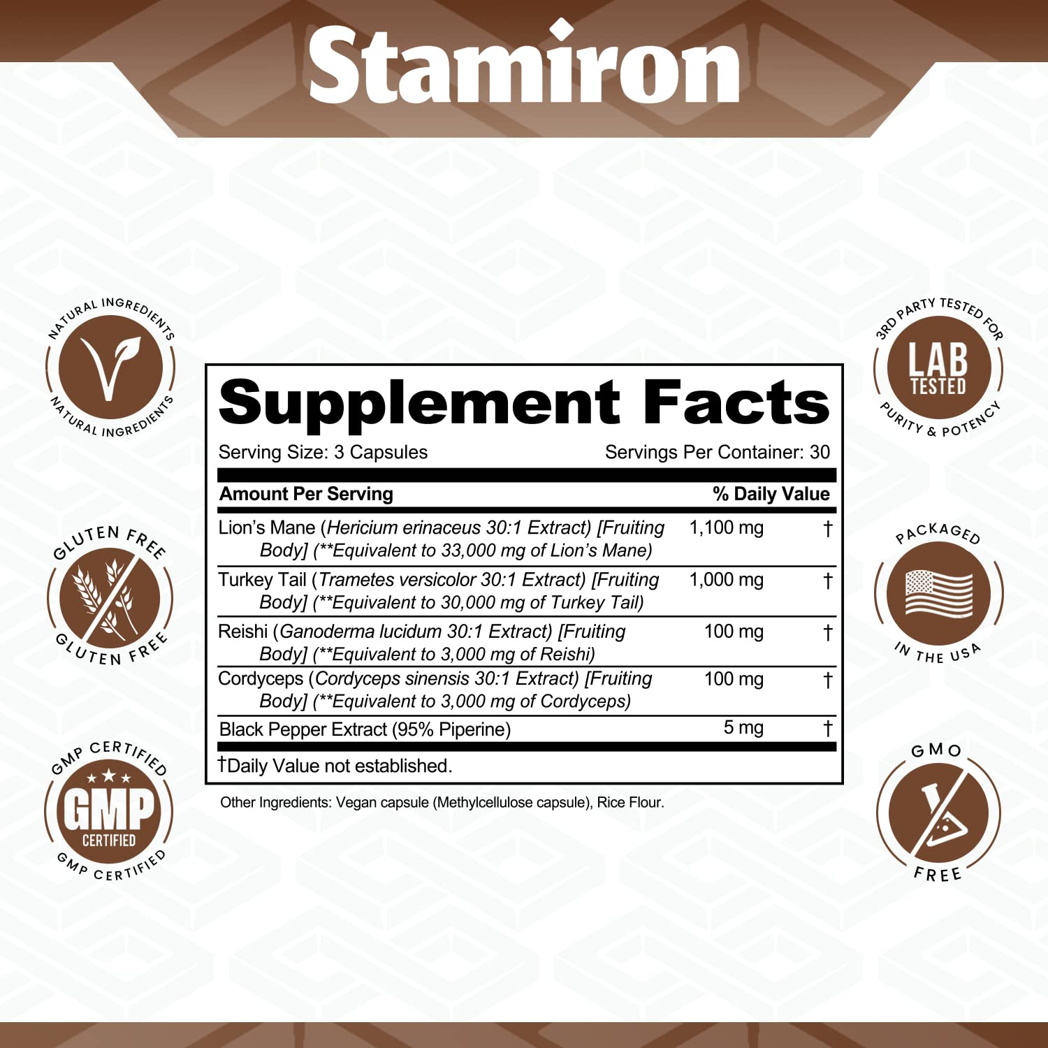 Stamiron ingredientes: Lion's Mane, Turkey Tail, Cordyceps y Reishi secos para transparencia