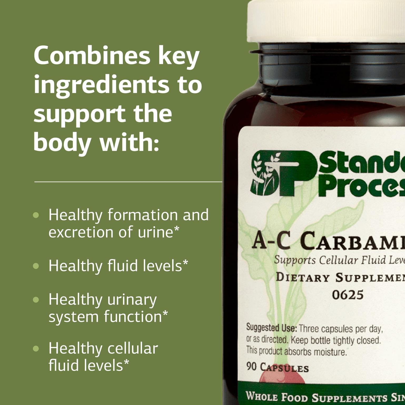 Standard Process A-C Carbamide bote abierto con cápsulas, ilustrando cantidad por envase