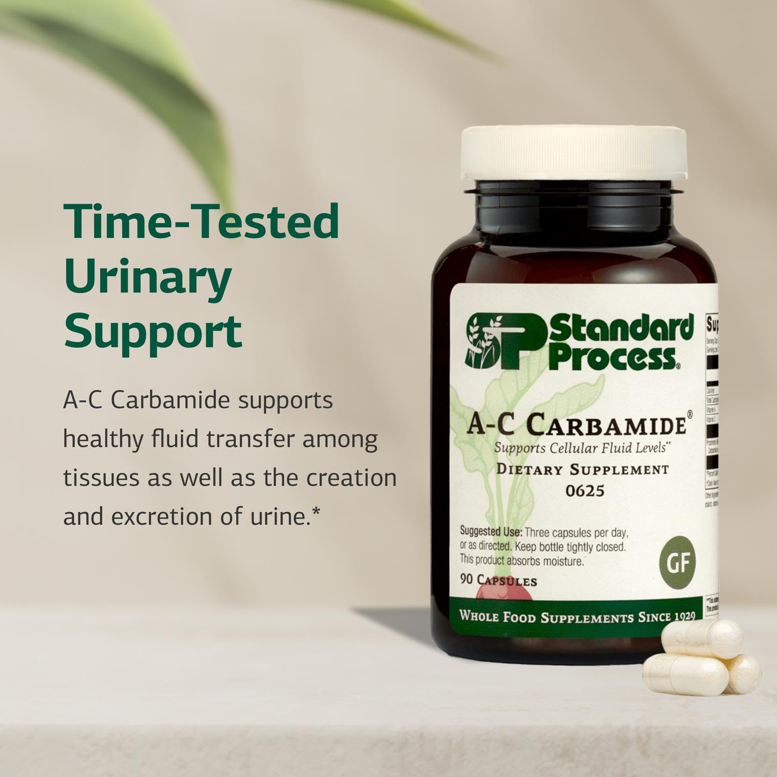 Standard Process A-C Carbamide etiqueta nutricional visible con ingredientes y dosificación