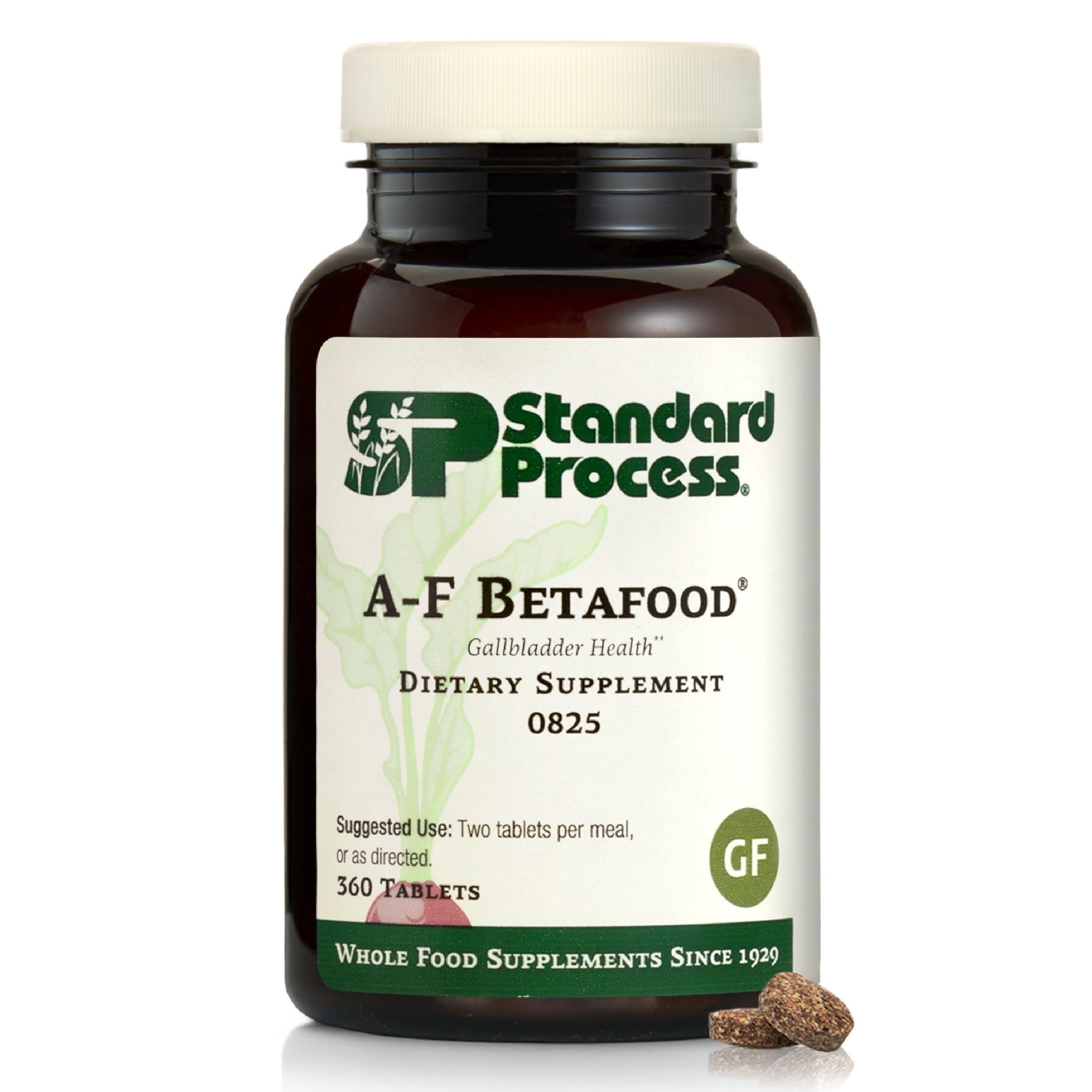 Standard Process frasco A-F Betafood frente mostrando etiqueta clara y beneficios