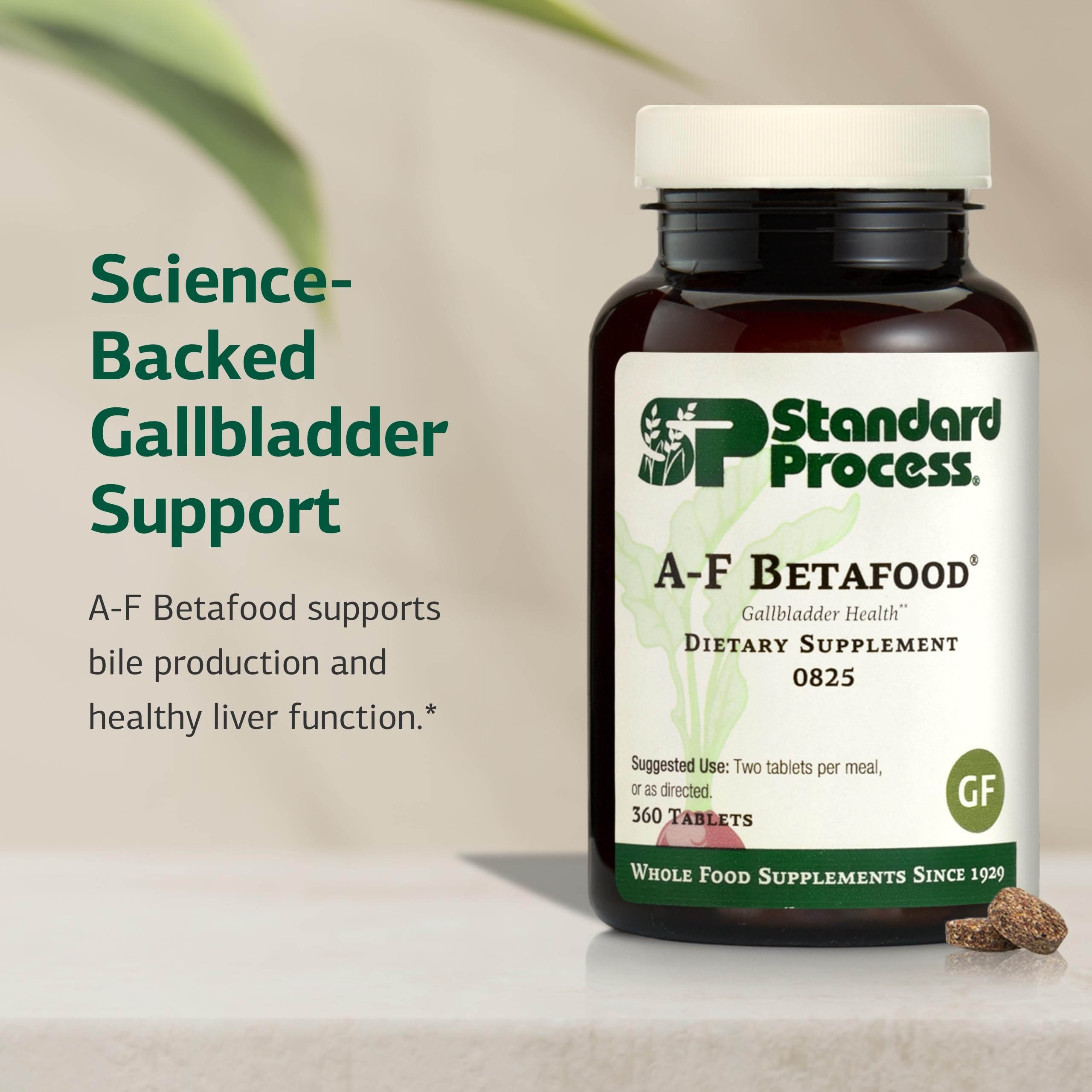 Standard Process tabletas A-F Betafood en mano para comparar tamaño y dosificación