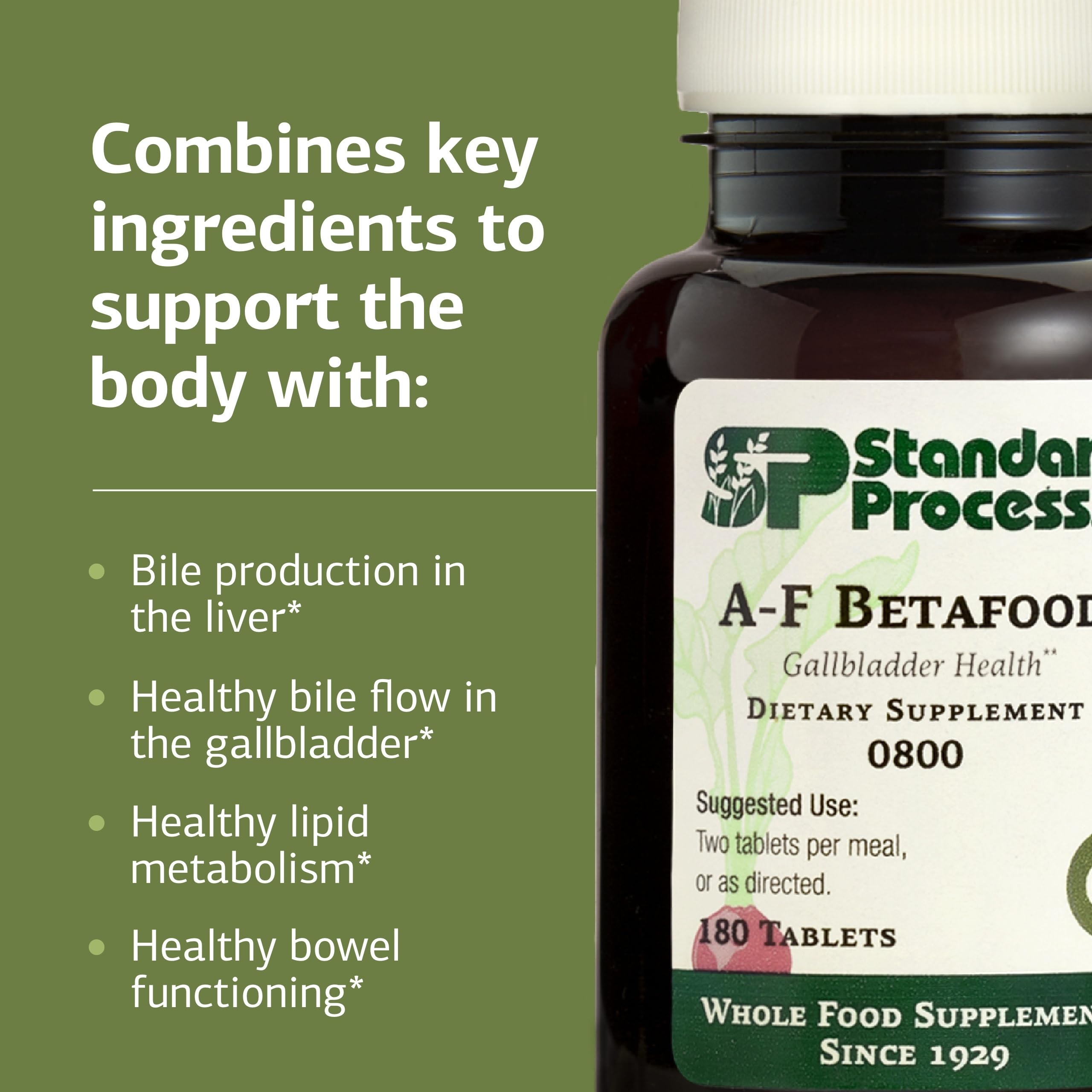 Standard Process A-F Betafood tabletas en mano para comparar tamaño y dosificación