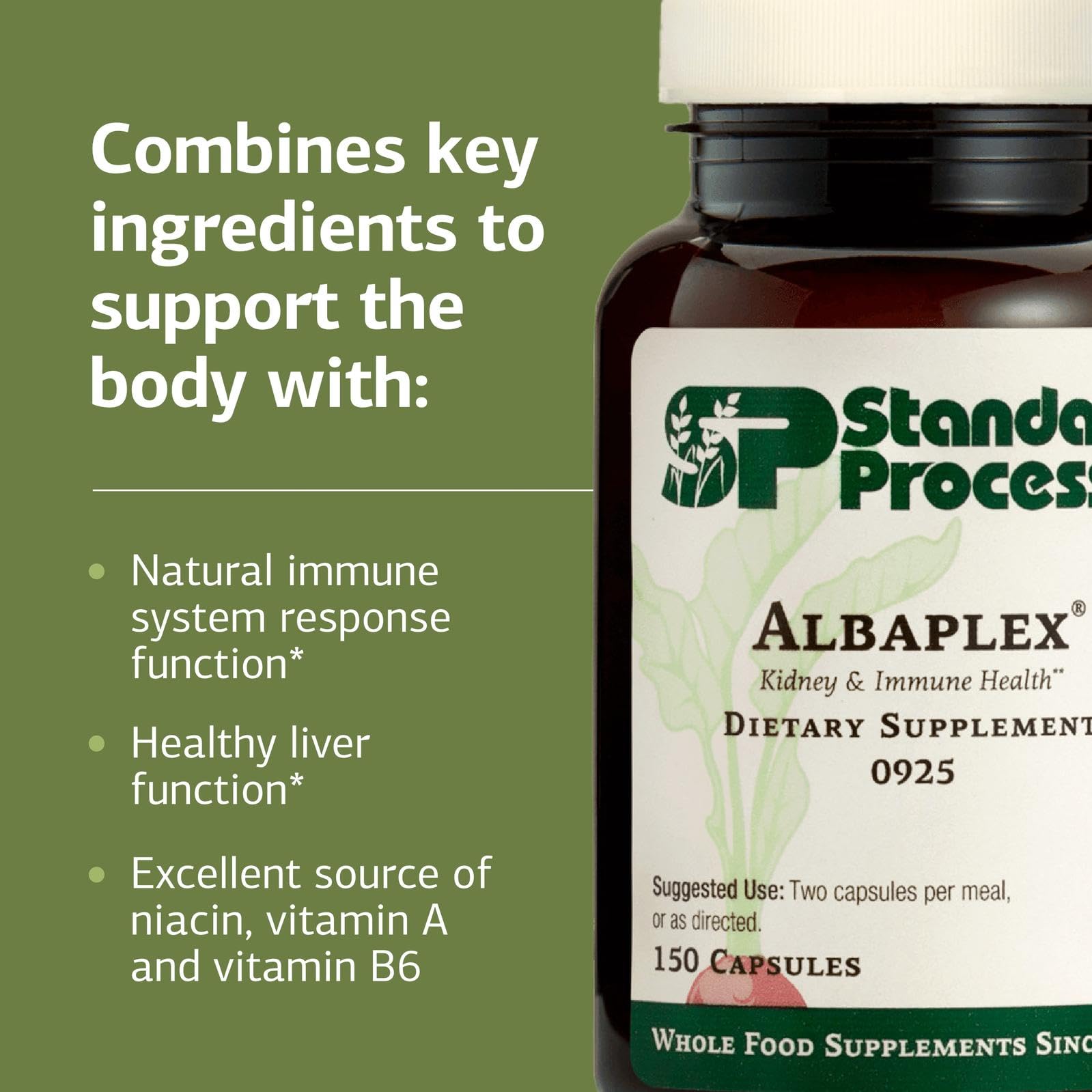 Standard Process Albaplex bote abierto mostrando cápsulas listas para uso diario