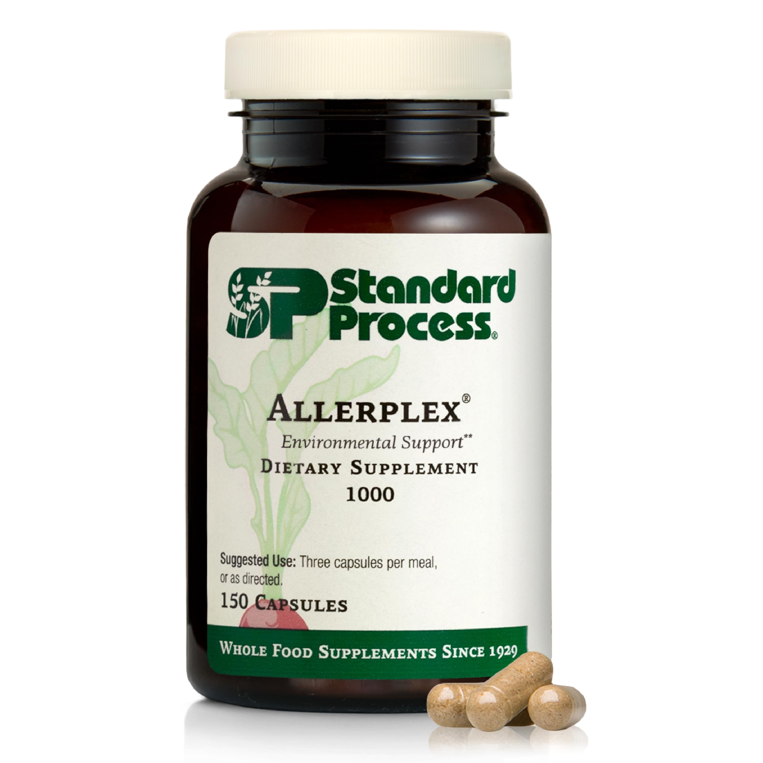Standard Process Allerplex frente del envase mostrando 150 cápsulas y beneficios