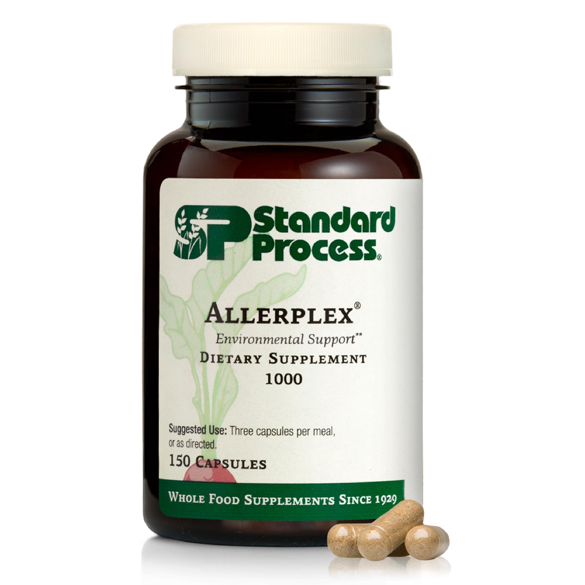 Standard Process Allerplex frente del envase mostrando 150 cápsulas y beneficios