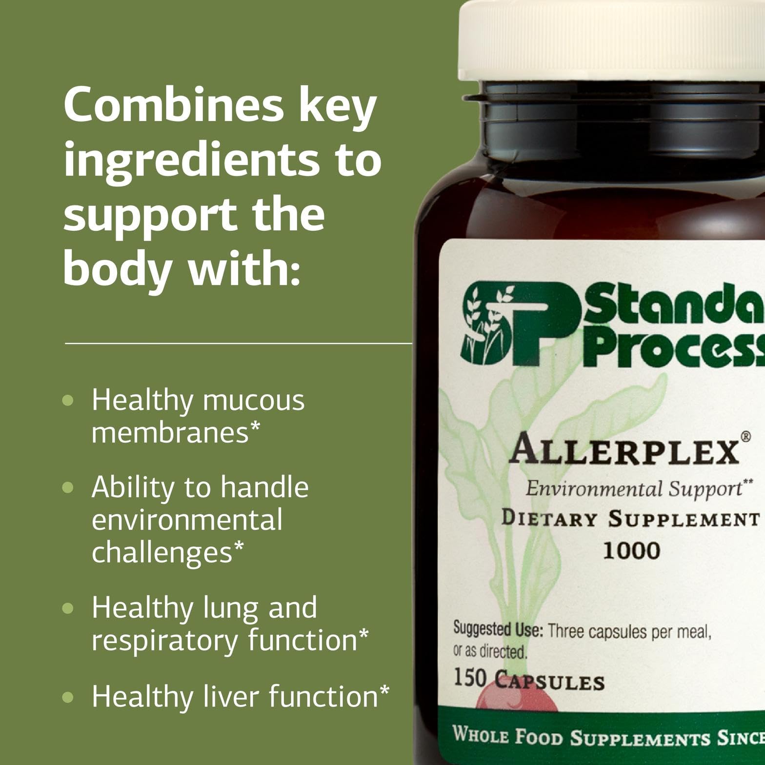 Standard Process Allerplex cápsula en mano para mostrar tamaño y facilidad de ingestión