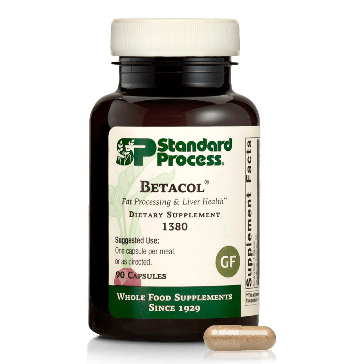 Standard Process Betacol frasco delantero, muestra claridad de etiqueta y confianza