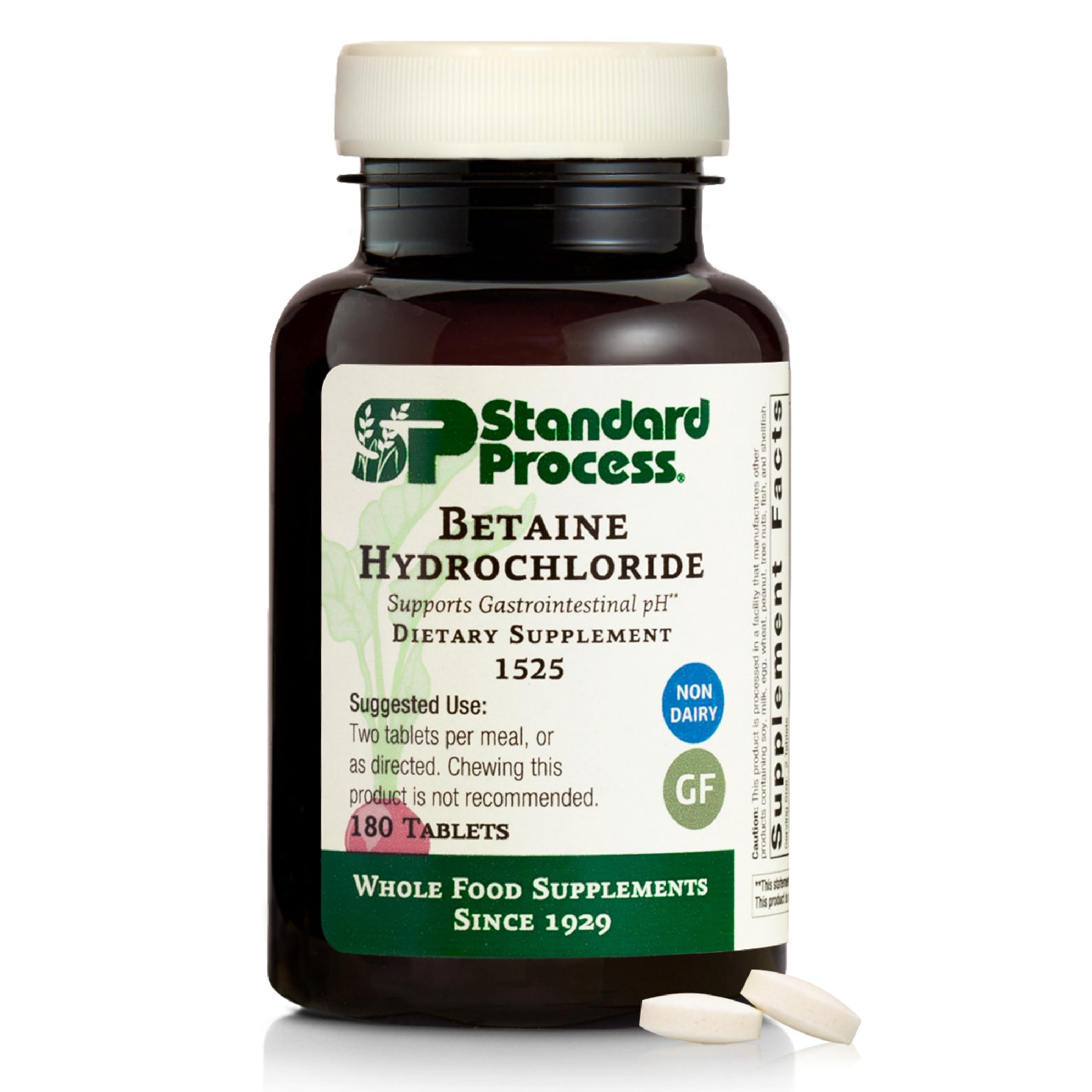 Standard Process envase frontal de Betaine Hydrochloride mostrando la marca y beneficio digestivo