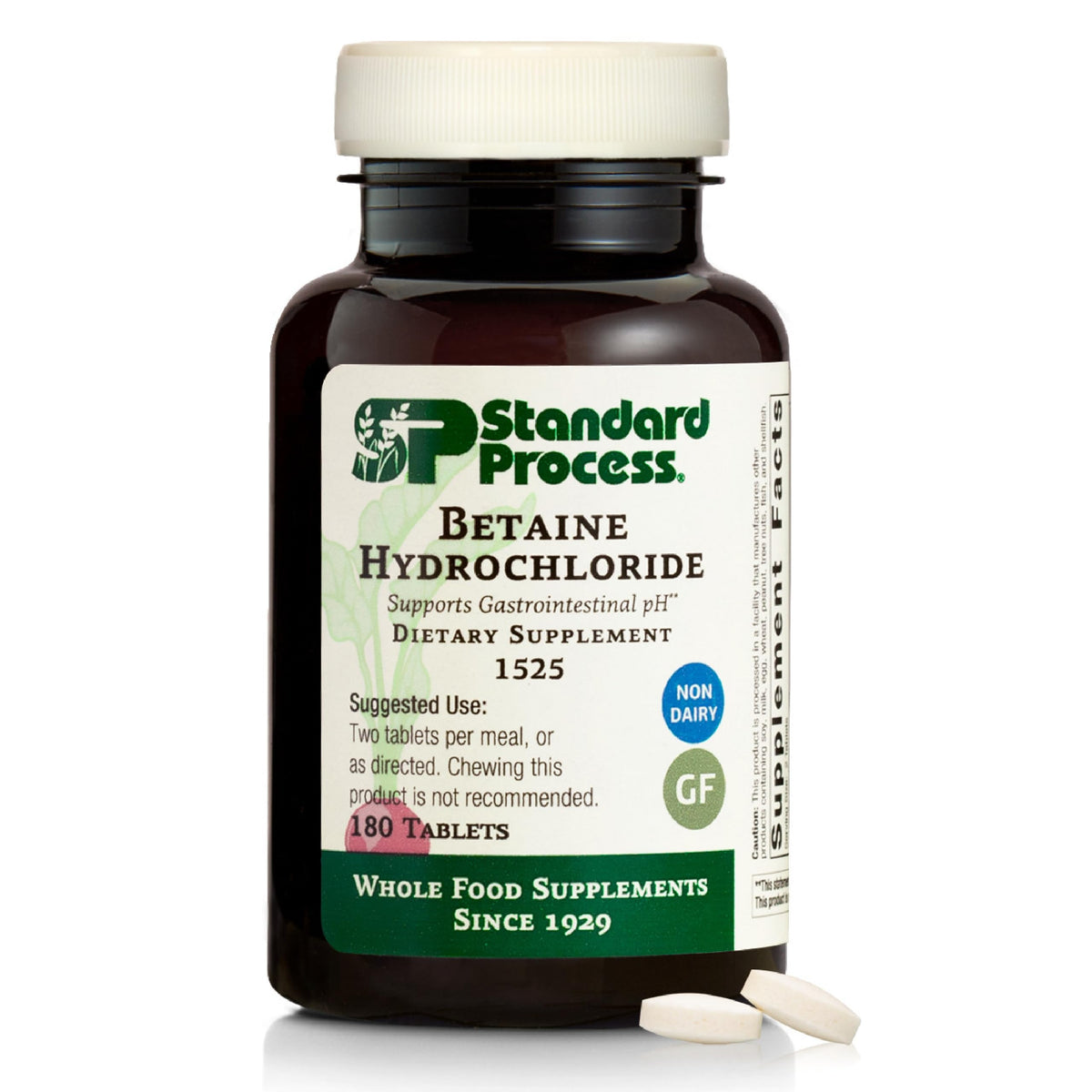 Standard Process envase frontal de Betaine Hydrochloride mostrando la marca y beneficio digestivo