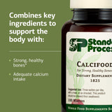 Standard Process Calcifood etiqueta lateral con instrucciones y beneficios claros