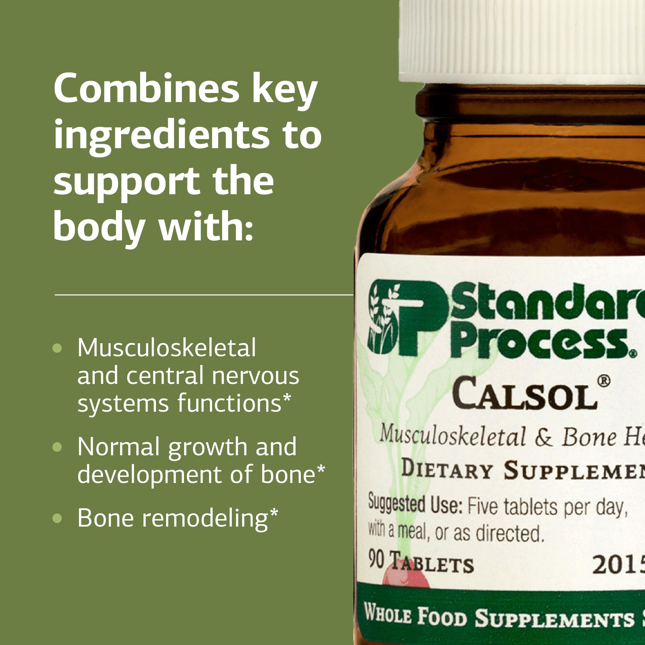 Standard Process Calsol ingredientes de origen no animal en primer plano, apoyo natural