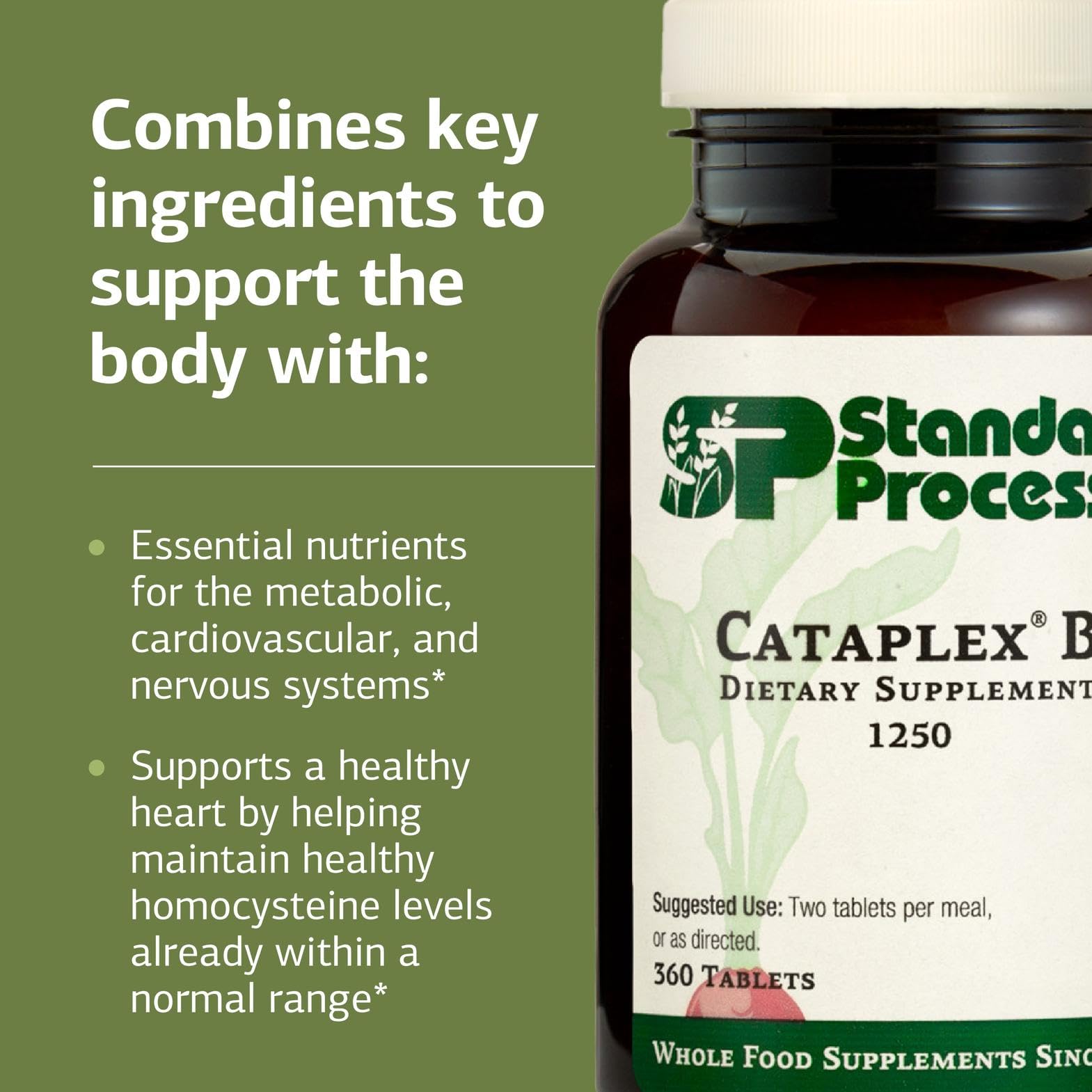 Standard Process Cataplex B etiqueta nutricional visible con ingredientes clave y beneficios