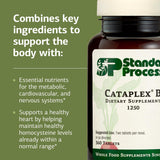 Standard Process Cataplex B etiqueta nutricional visible con ingredientes clave y beneficios