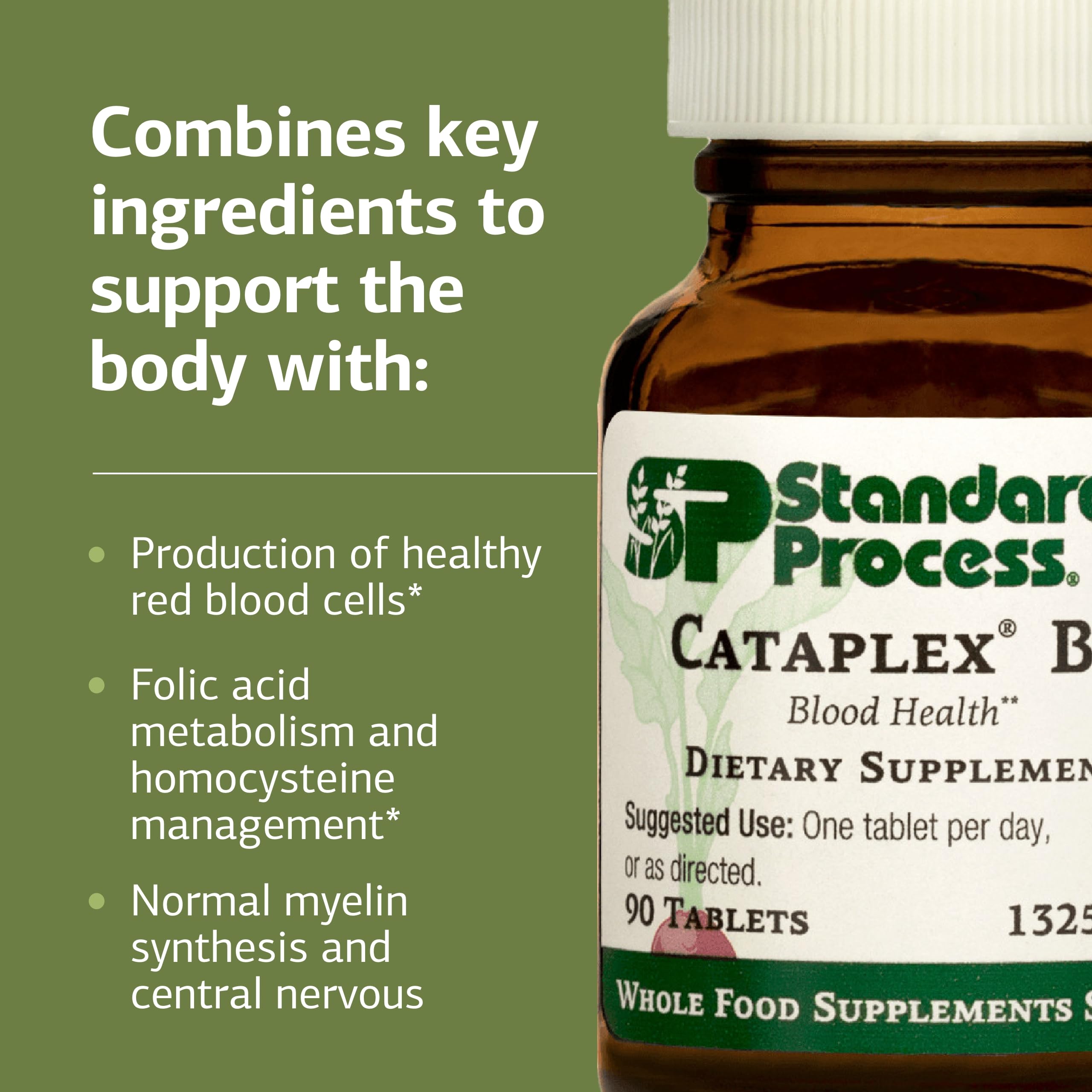 Etiqueta de Standard Process Cataplex B12 con lista de ingredientes y beneficios visibles