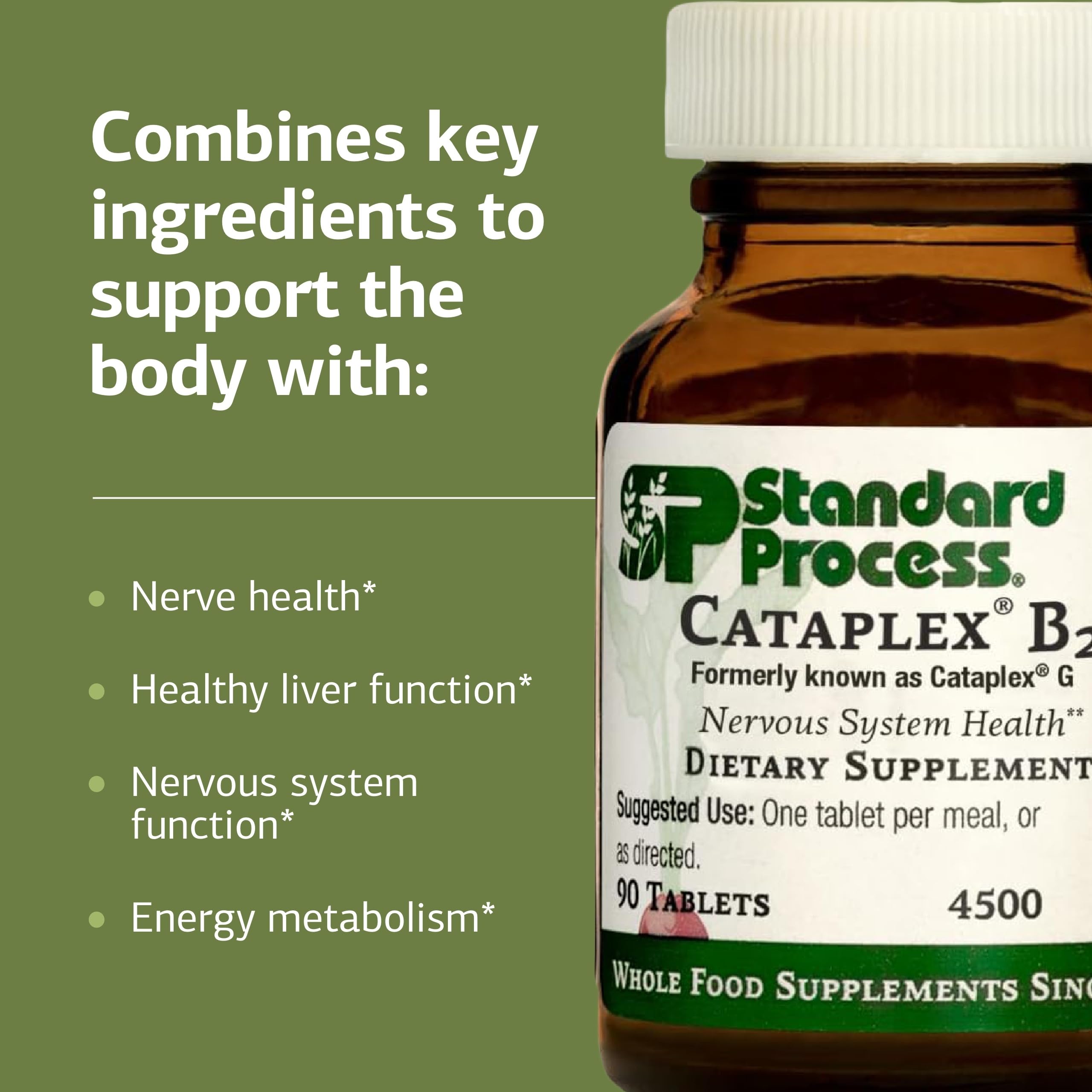 Standard Process Cataplex B2 etiqueta con lista de ingredientes y beneficios