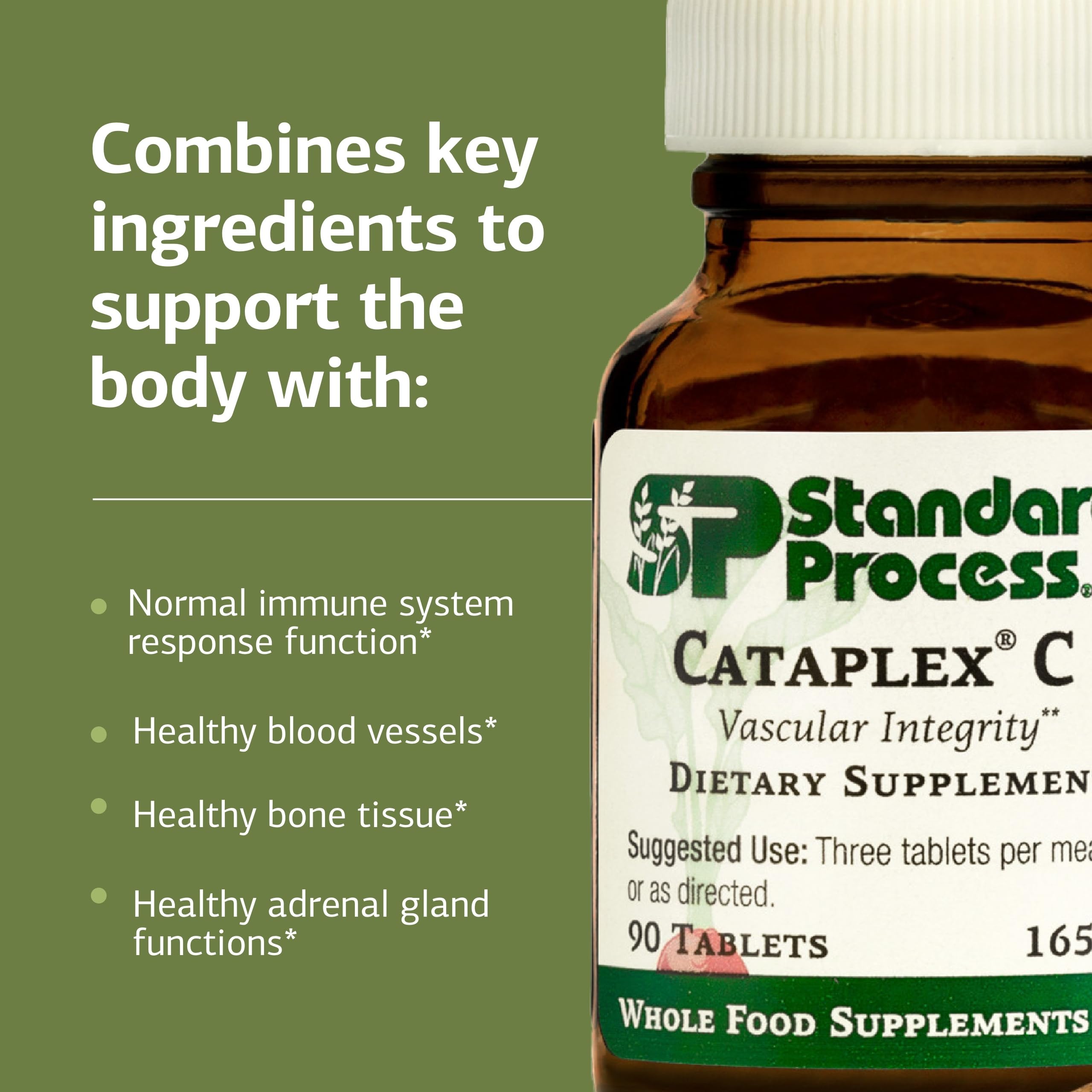 Standard Process Cataplex C tabletas en mano para comparar escala y dosis visualmente