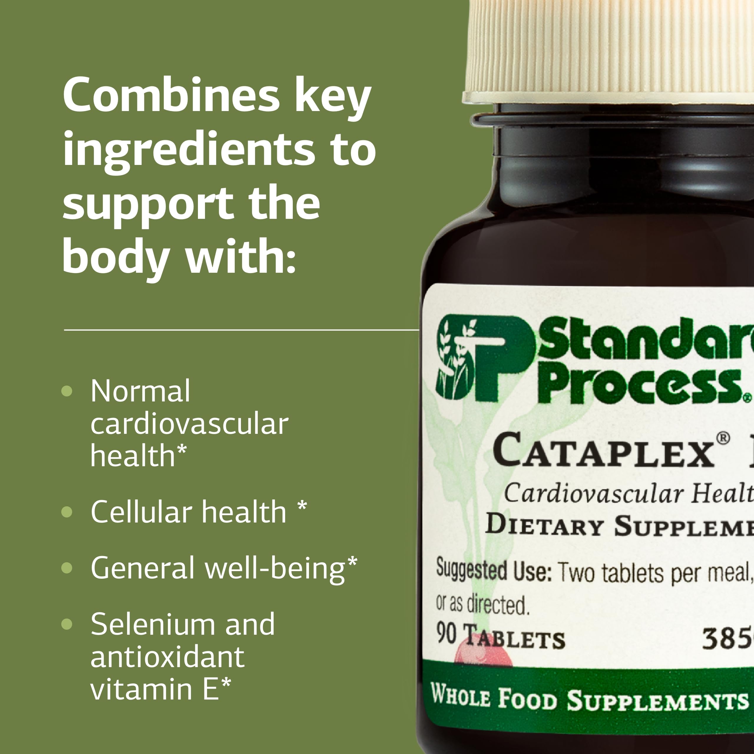 Standard Process Cataplex E2 frasco en mano para comparar tamaño
