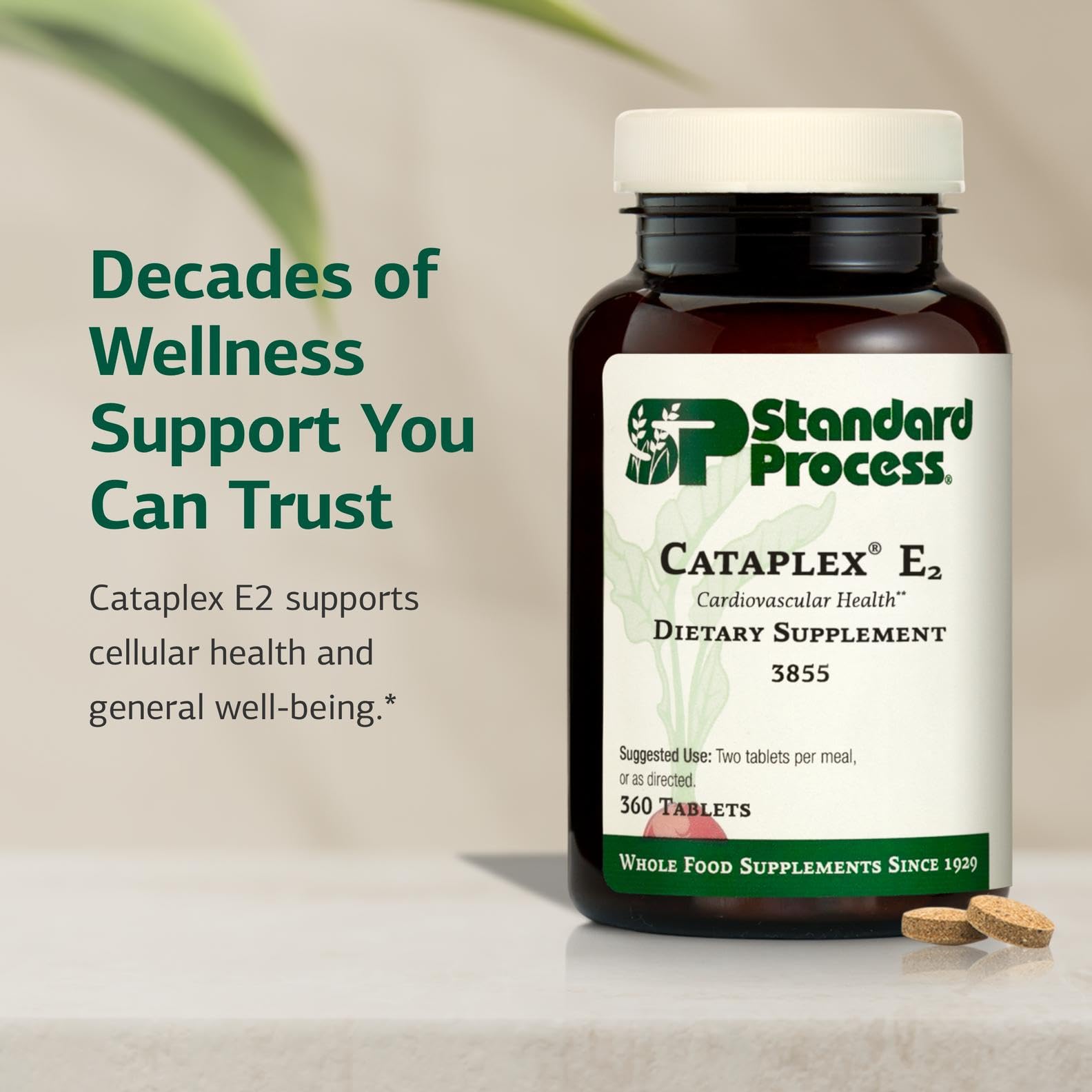 Standard Process Cataplex E2 etiqueta con lista de ingredientes y beneficios