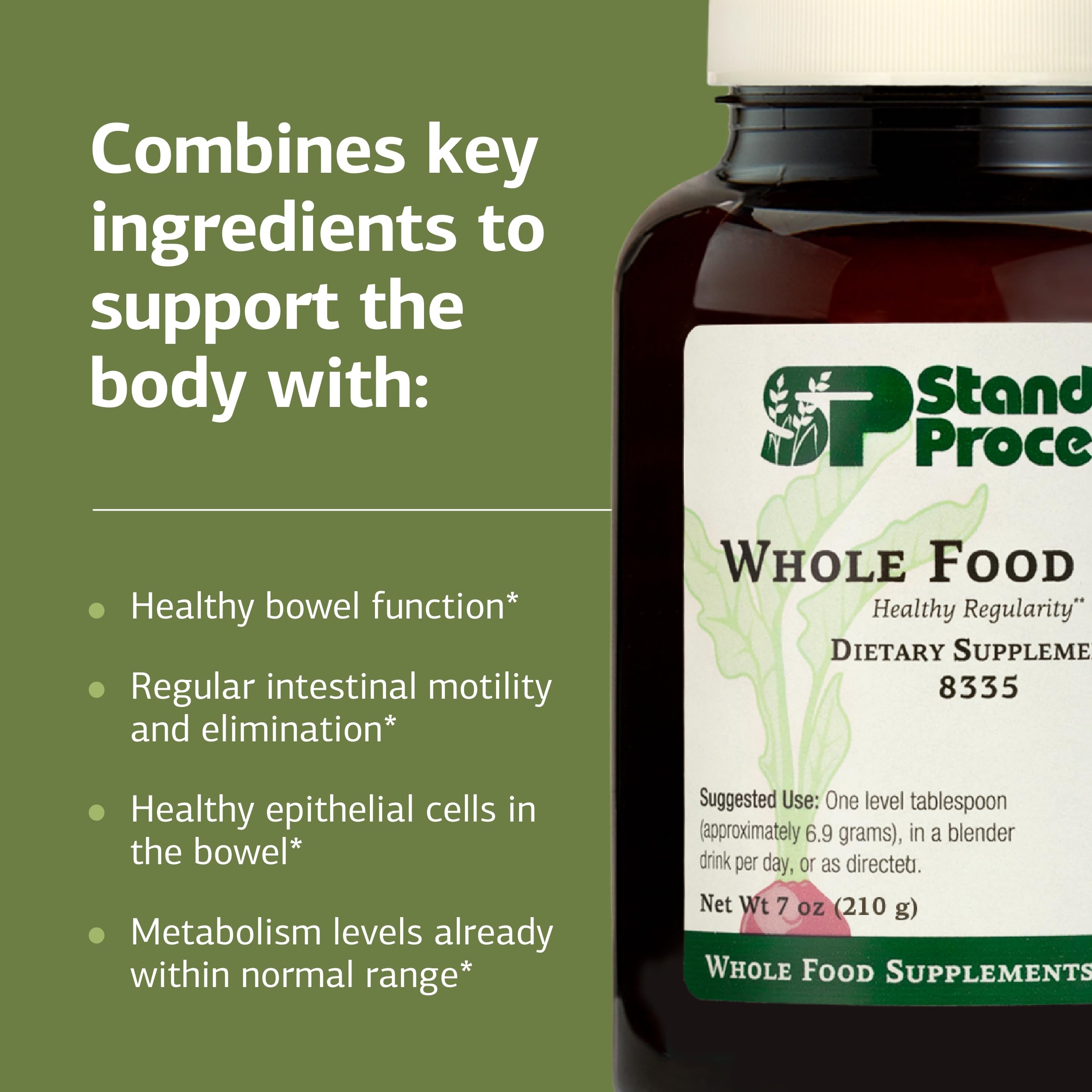 Standard Process 210 g junto a una cuchara para comparar tamaño y servir fácil