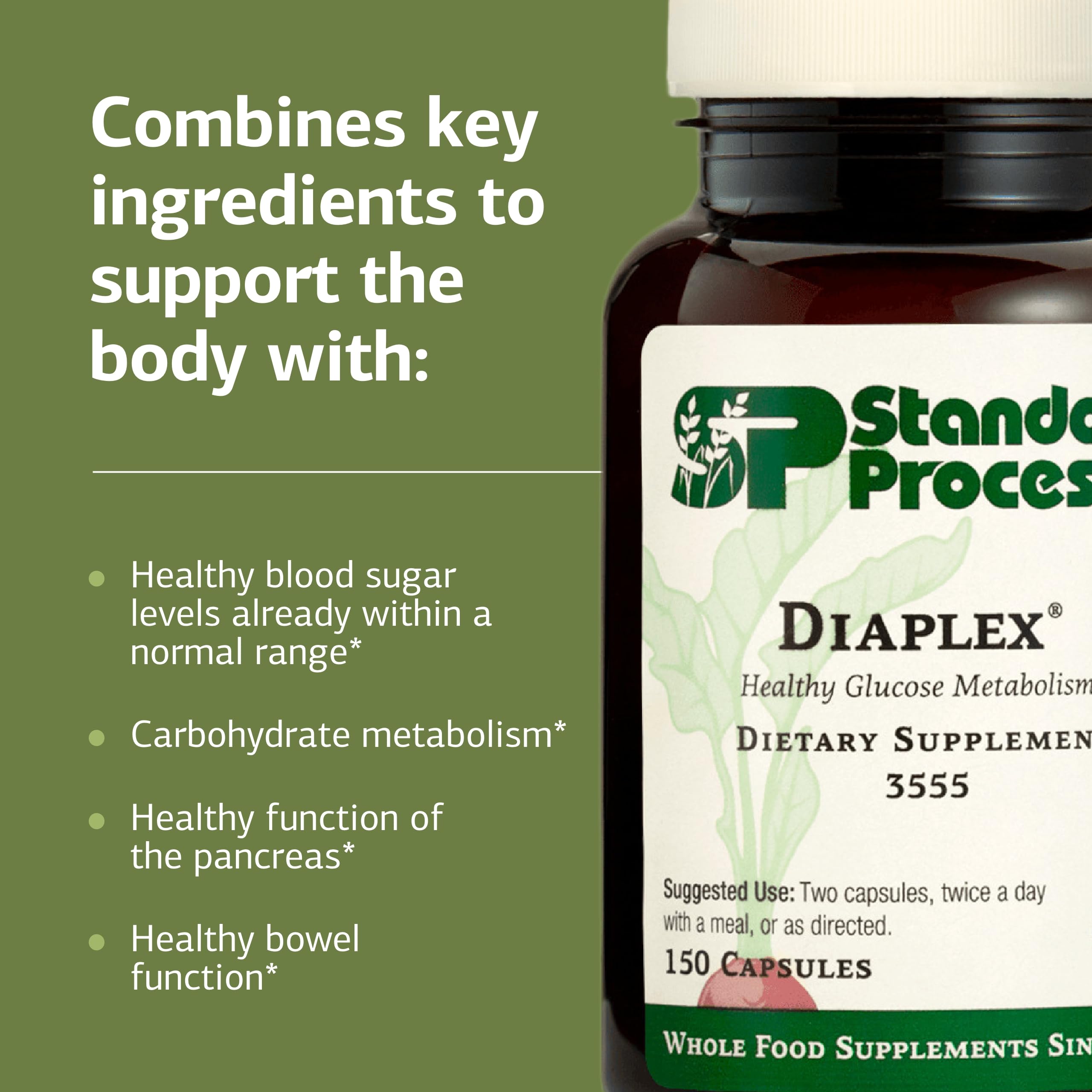Standard Process Diaplex botella junto a ingredientes naturales destacando uso diario