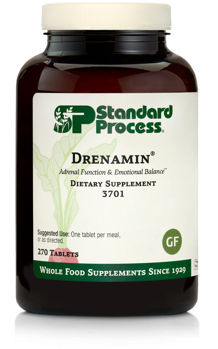 Standard Process Drenamin frasco frontal mostrando 270 tabletas y beneficios de apoyo adrenal