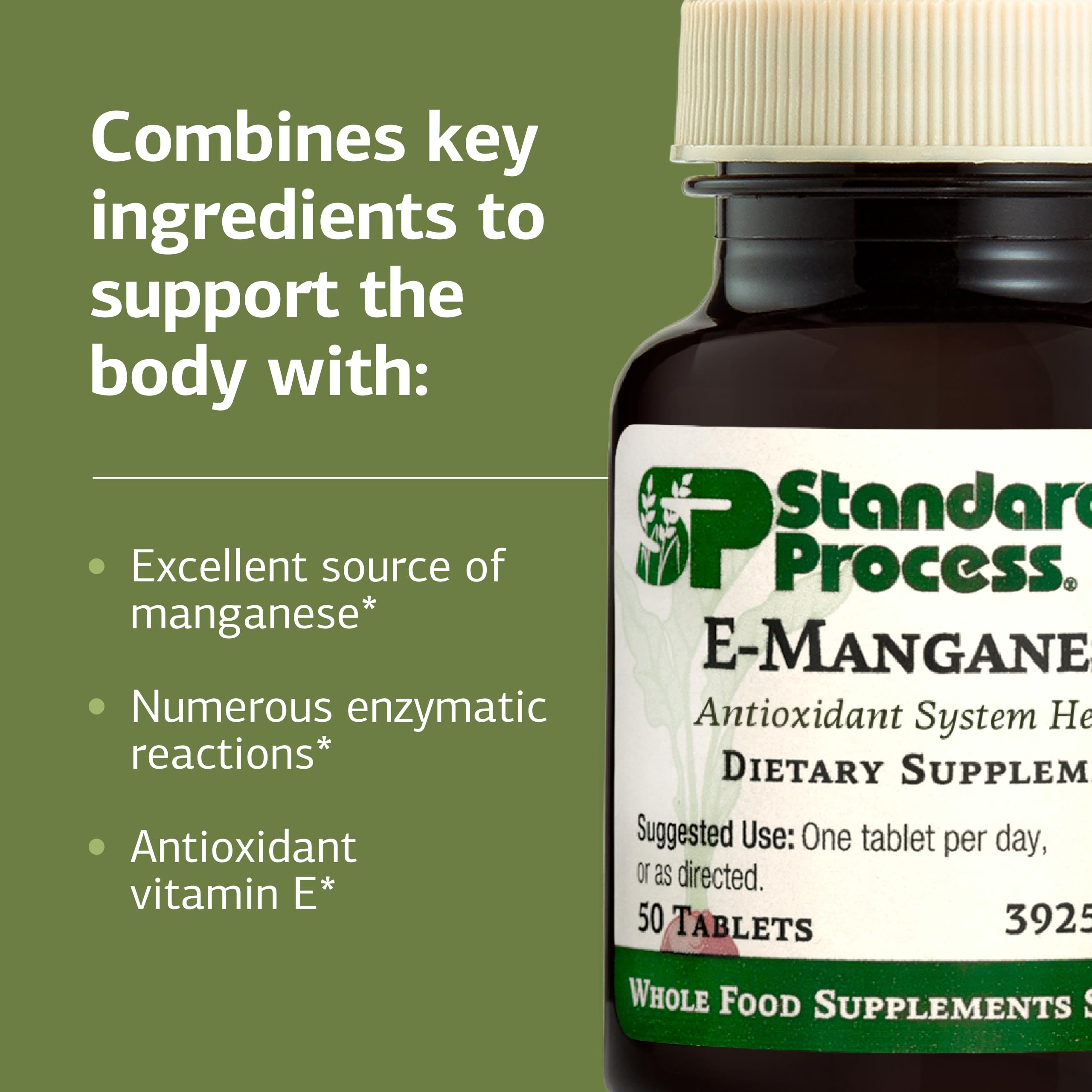 Standard Process E-Manganese ingredientes naturales y textura que refleja base alimentaria