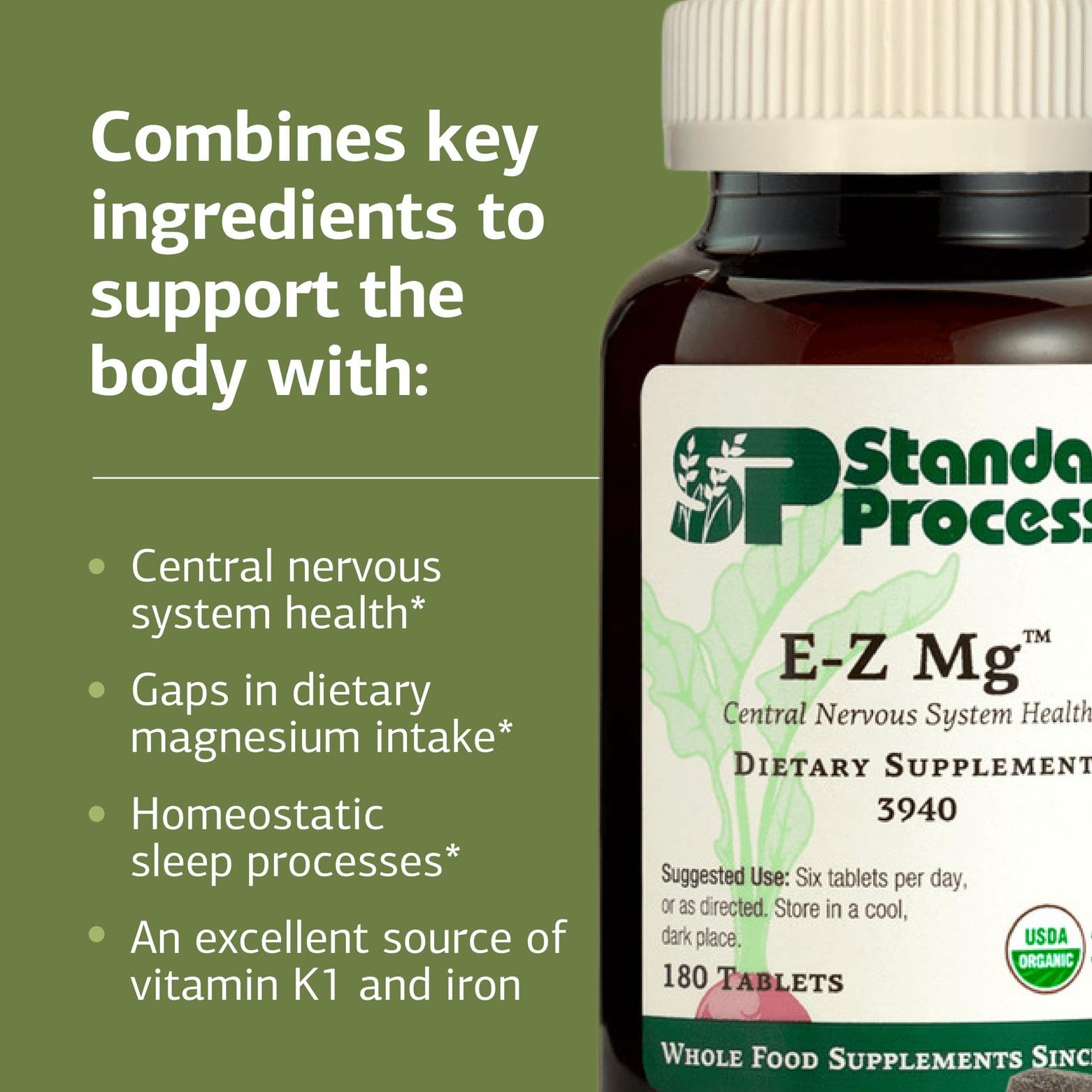 Standard Process E-Z Mg persona sosteniendo una tableta mostrando uso y dosificación