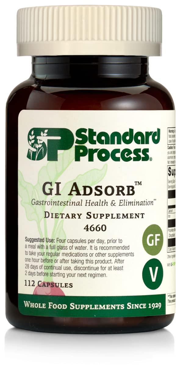 Standard Process envase frontal de GI Adsorb mostrando etiqueta y 112 cápsulas, beneficio claridad de ingredientes