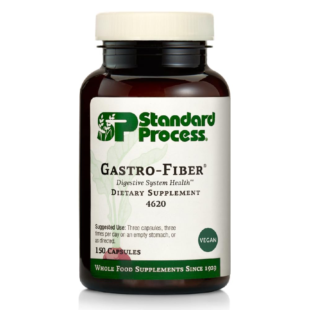 Standard Process Gastro-Fiber vista frontal con botella y cápsulas, apoya la salud digestiva