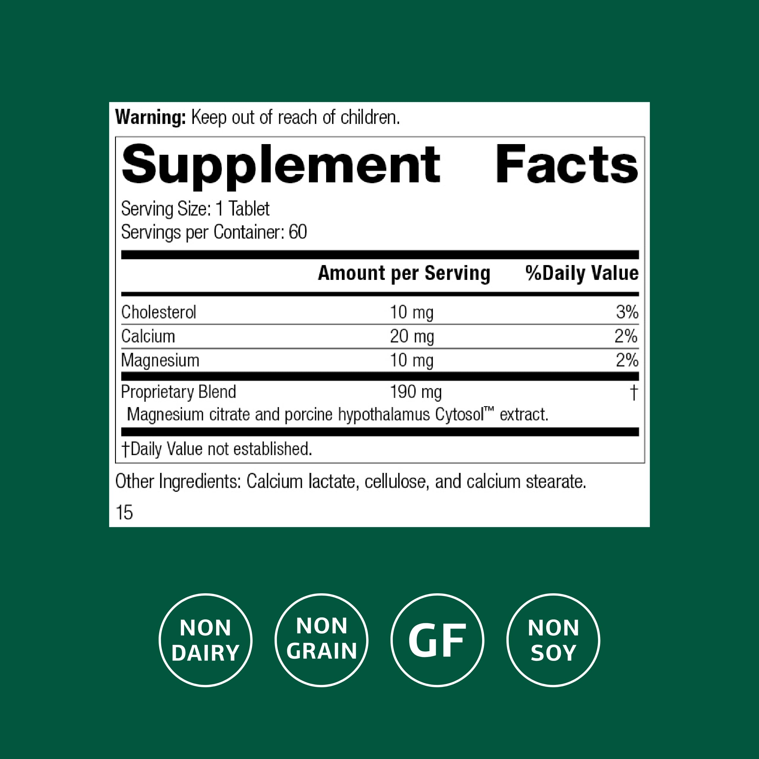 Standard Process Hypothalmex etiqueta detalle con ingredientes y aclaración de alérgenos