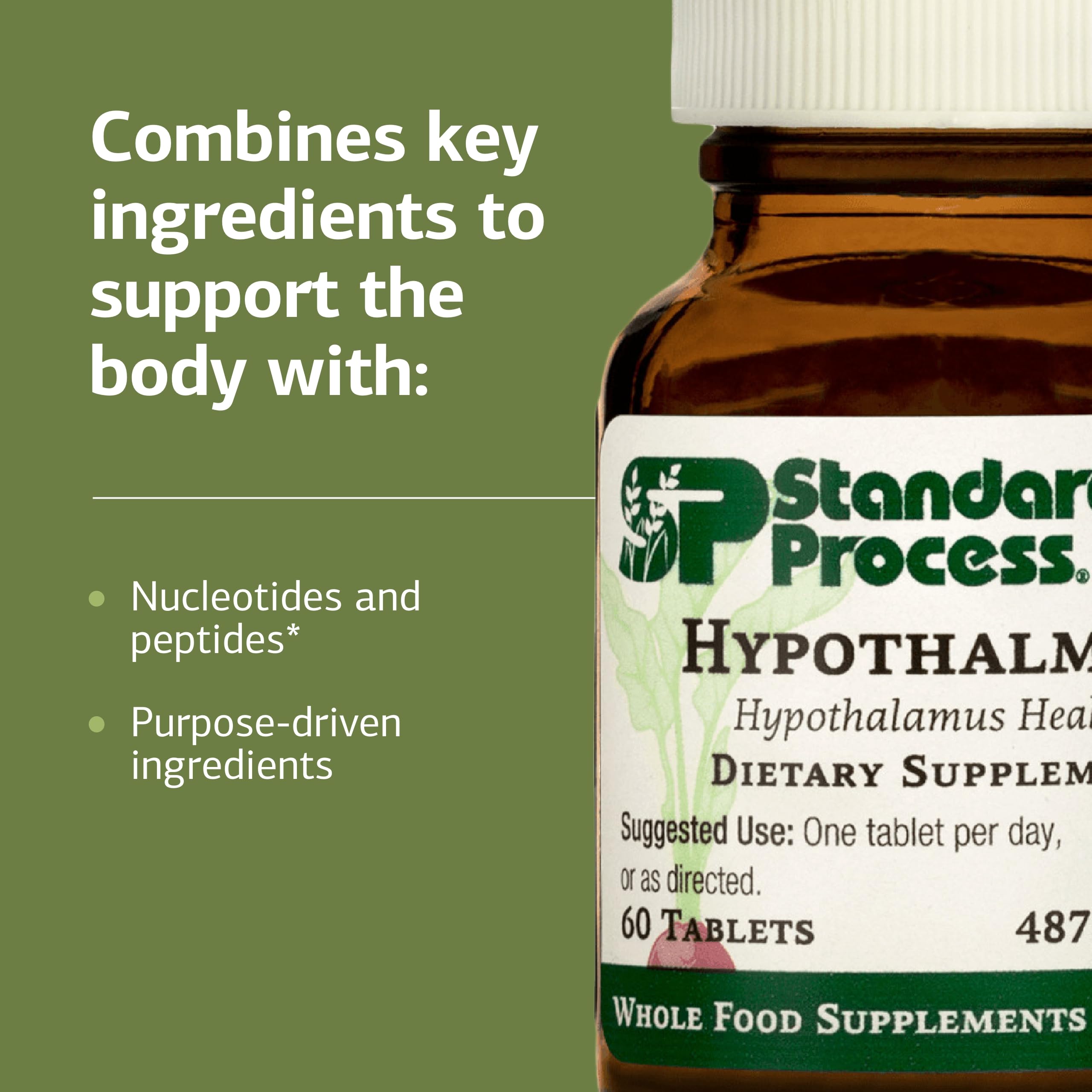 Standard Process Hypothalmex tableta en la mano para comparar tamaño y facilidad de ingestión