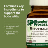 Standard Process Hypothalmex tableta en la mano para comparar tamaño y facilidad de ingestión